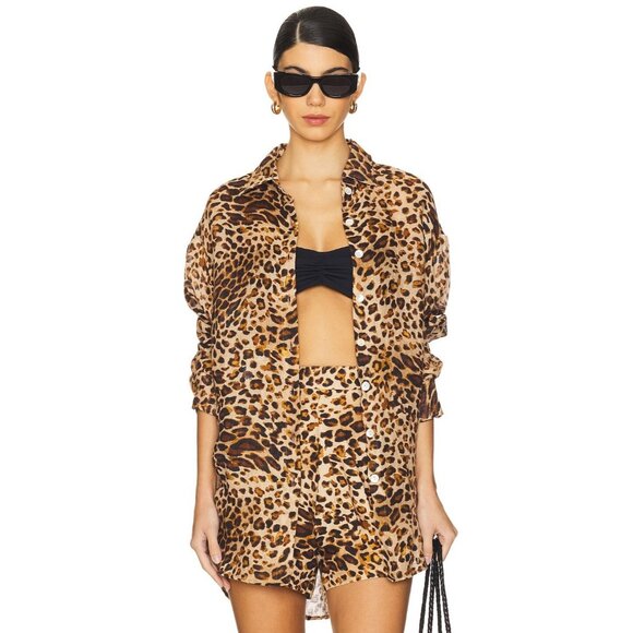 vitamin A Playa Linen Boyfriend Shirt in Lux Leopard - Picture 1 of 5